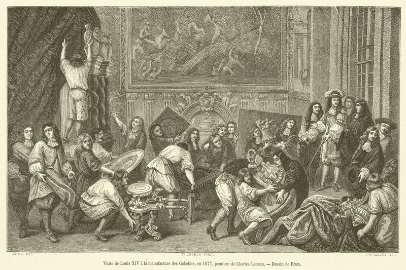 Wizyta Ludwika XIV w Manufakturze des Gobelins, 1677 (rycina) autorstwa French School