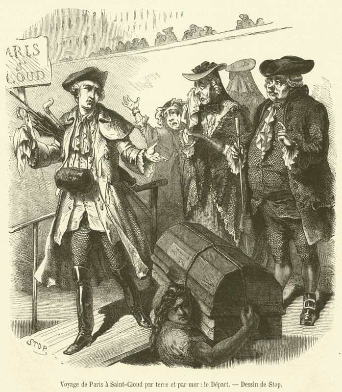 Rejs z Paryża do Saint-Cloud drogą lądową i morską, Le Depart (grawerowanie) autorstwa French School