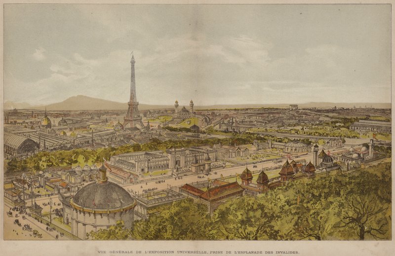 Widok ogólny wystawy światowej, zaczerpnięty z Esplanade des Invalides (kolorowy grawerunek) autorstwa French School