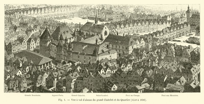 Widok z lotu ptaka na Grand Chatelet i Quartier, 1550-1696 autorstwa French School