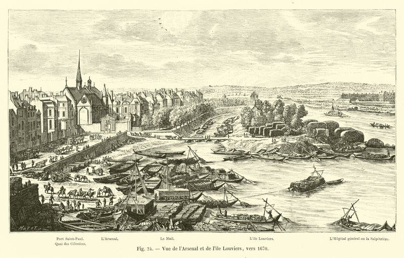 Widok na Arsenał i wyspę Louviers, około 1670 autorstwa French School