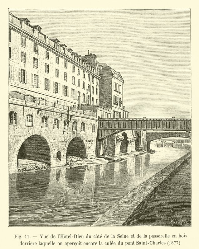 Widok na Hôtel-Dieu od strony Sekwany i drewnianą kładkę, za którą do dziś widać przyczółek mostu Saint-Charles, 1877 autorstwa French School