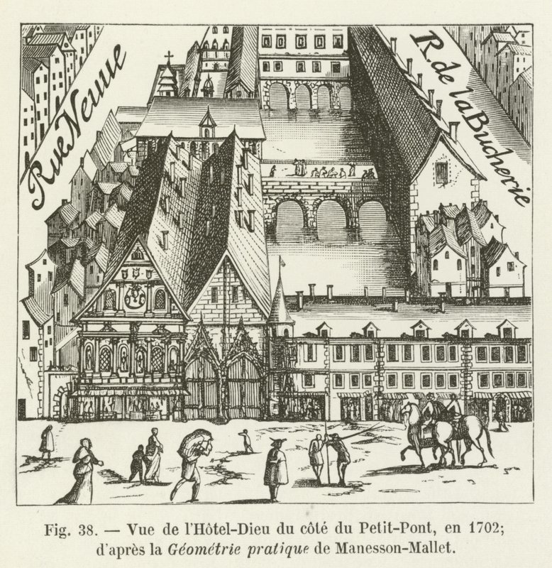 Widok Hôtel-Dieu od strony Petit-Pont, 1702 r.; zgodnie z praktyczną geometrią Manessona-Malleta autorstwa French School