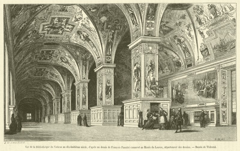 Widok Biblioteki Watykańskiej w XVIII wieku (rycina) autorstwa French School