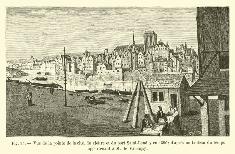 Widok na cypel miasta, krużganek i port Saint-Landry w 1590 roku; z tablicy czasowej należącej do pana de Valencay autorstwa French School