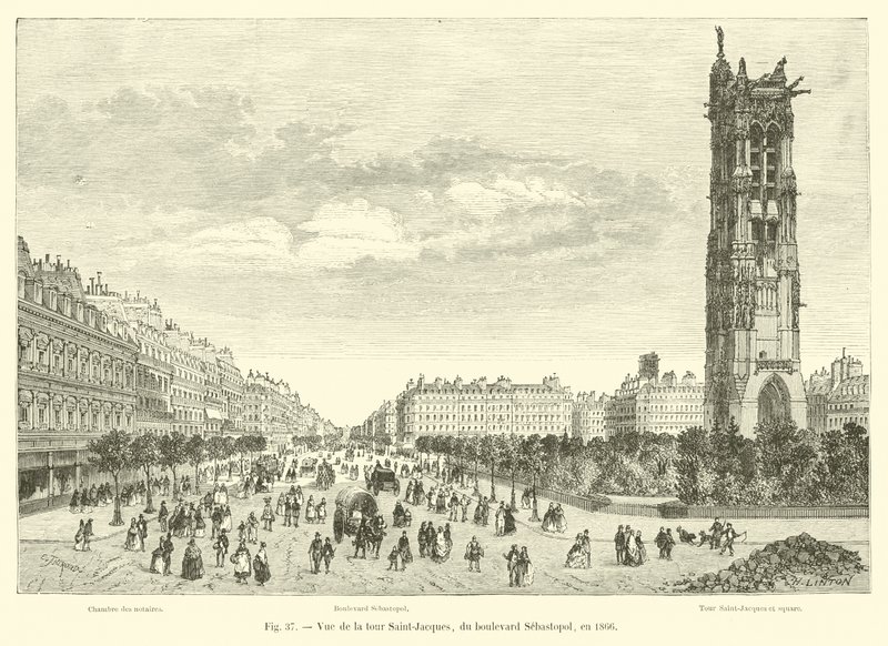 Widok na Tour Saint-Jacques, z Boulevard Sebastopol, w 1866 r. autorstwa French School