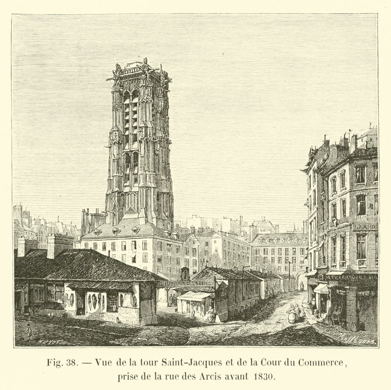 Widok na wieżę Saint-Jacques i Cour du Commerce, zaczerpnięty z rue des Arcis przed 1830 r. autorstwa French School