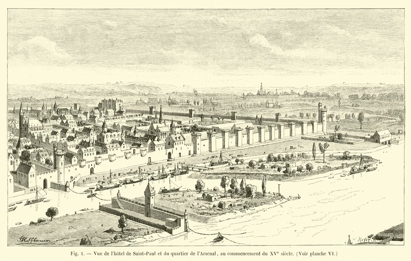 Widok na Hôtel de Saint-Paul i dzielnicę Arsenał, początek XV wieku, zob. ilustracja VI autorstwa French School