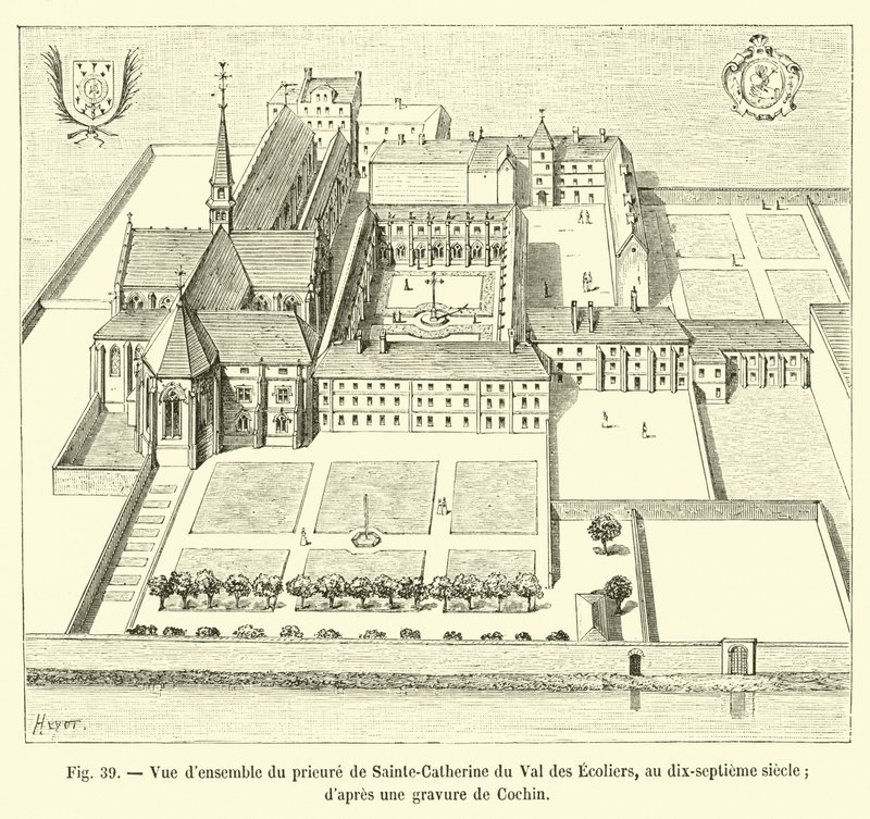 Ogólny widok klasztoru Sainte-Catherine du Val des Ecoliers, w XVII wieku; z ryciny Cochin autorstwa French School