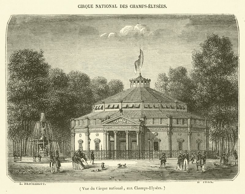 Widok cyrku narodowego na Polach Elizejskich (grafika) autorstwa French School