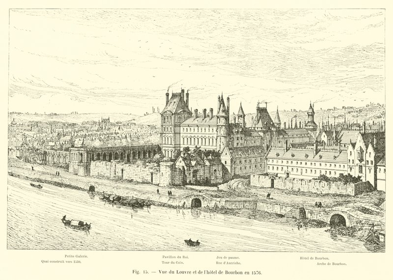 Widok na Luwr i Hotel de Bourbon w 1576 r. autorstwa French School