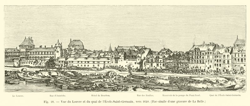 Widok na Luwr i Quai de lEcole-Saint-Germain, ok. 1640, Faksymile ryciny z La Belle autorstwa French School