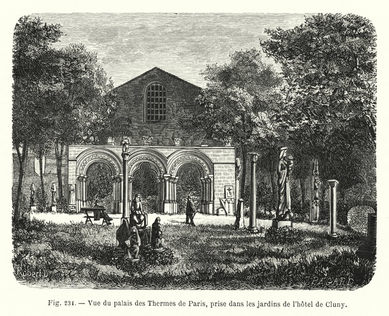 Widok na Palais des Thermes w Paryżu, zaczerpnięty z ogrodów Hôtel de Cluny (rycina) autorstwa French School