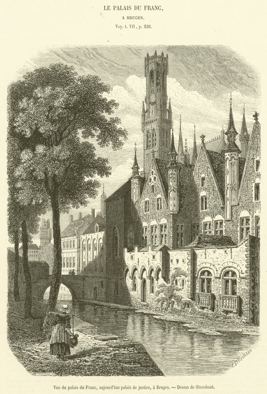 Widok na Palais du Franc, obecnie gmach sądu, w Brugii (grafika) autorstwa French School
