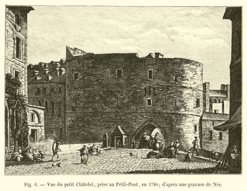 Widok Petit Chatelet, wykonany w Petit-Pont w 1780 r.; z grawerunku Nee autorstwa French School