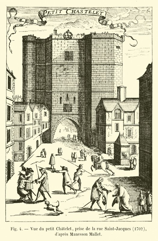 Widok Petit Chatelet, wzięty z Rue Saint-Jacques, 1702, za Manesson Mallet autorstwa French School