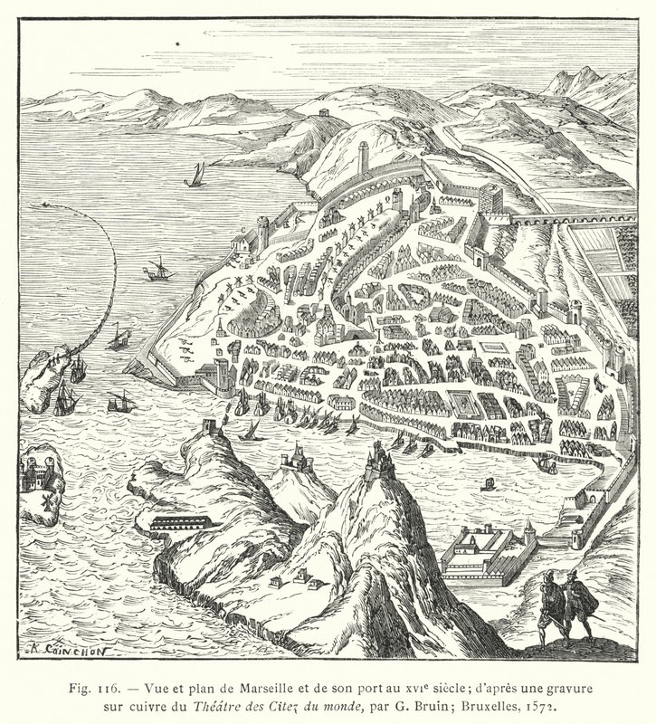 Widok i plan Marsylii i jej portu w XVI wieku; z miedziorytu Theatre des Citez du monde autorstwa G Bruina; Bruksela autorstwa French School