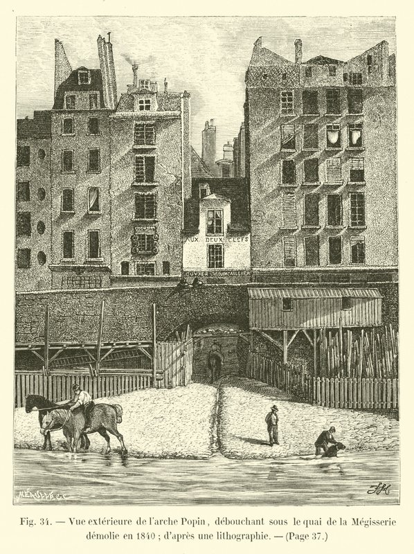 Widok z zewnątrz na łuk Popina, wyłaniający się pod zburzoną w 1840 r. Quai de la Megisserie; z litografii autorstwa French School