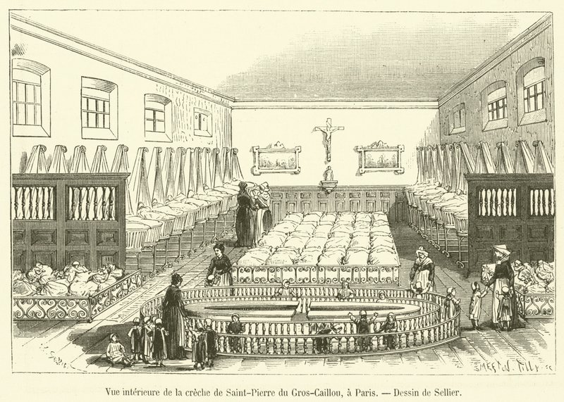 Widok wnętrza żłobka Saint-Pierre du Gros-Caillou w Paryżu (rycina) autorstwa French School
