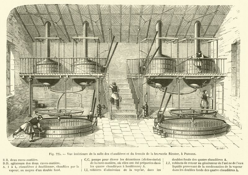 Widok wnętrza kotłowni i browaru browaru Riester w Puteaux (grafika) autorstwa French School