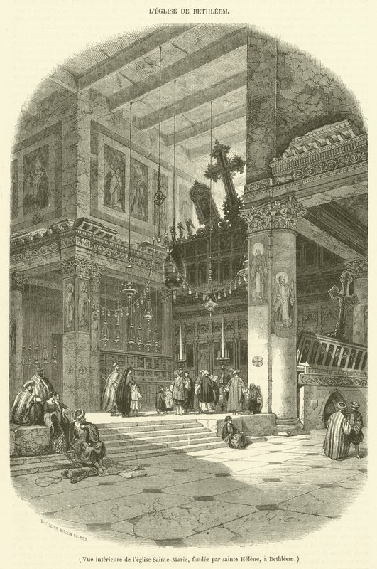 Widok wnętrza kościoła Mariackiego ufundowanego przez św. Helenę w Betlejem (rycina) autorstwa French School