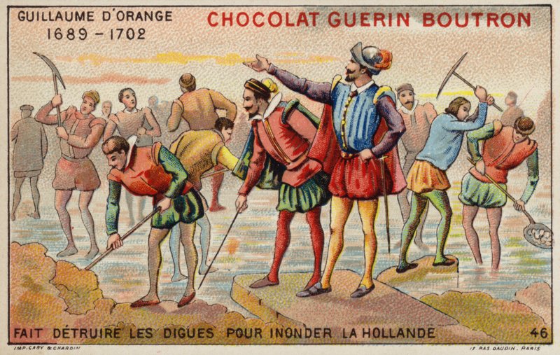 William of Orange niszczący groble, aby umożliwić zalanie Holandii (chromolitho) autorstwa French School