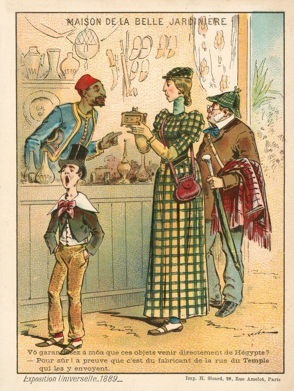 Kobieta badająca przedmioty egipskie, Ekspozycja Universelle 1889, Paryż (chromolitho) autorstwa French School