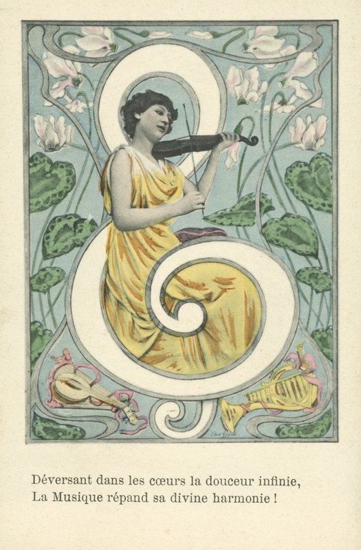 Kobieta w kluczu wiolinowym (kolorowa litografia) autorstwa French School