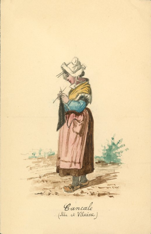 Strój kobiecy z Cancale, Ille-et-Vilaine (kolorowa litografia) autorstwa French School