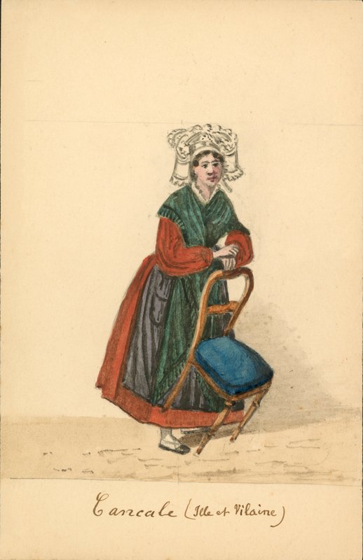 Strój kobiecy z Cancale, Ille-et-Vilaine (kolorowa litografia) autorstwa French School