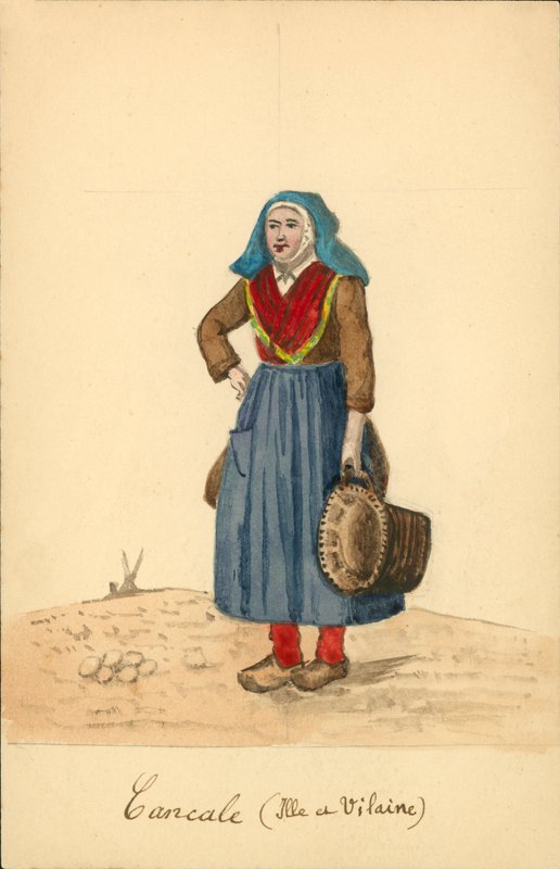 Strój kobiecy z Cancale, Ille-et-Vilaine (kolorowa litografia) autorstwa French School