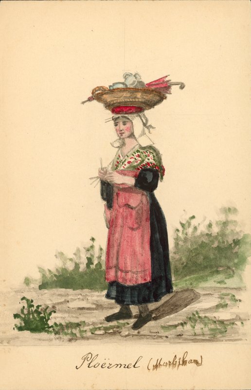 Strój kobiecy z Ploermel, Morbihan (kolorowa litografia) autorstwa French School