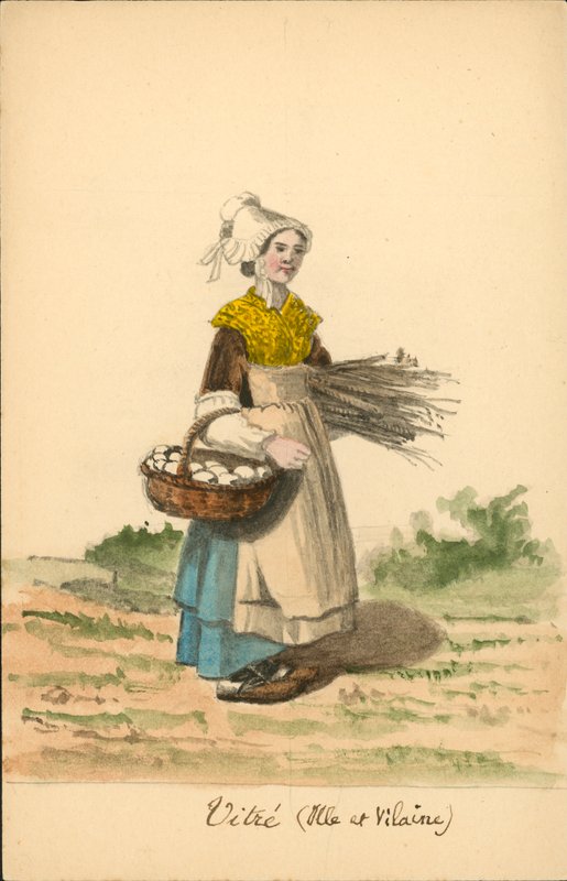 Strój damski z Vitre, Ille-et-Vilaine (kolorowa litografia) autorstwa French School