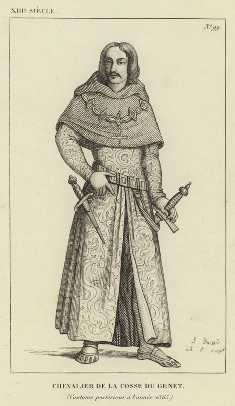 XIII w., Rycerz Pod Genet, Strój po 1365 r. (rycina) autorstwa French School
