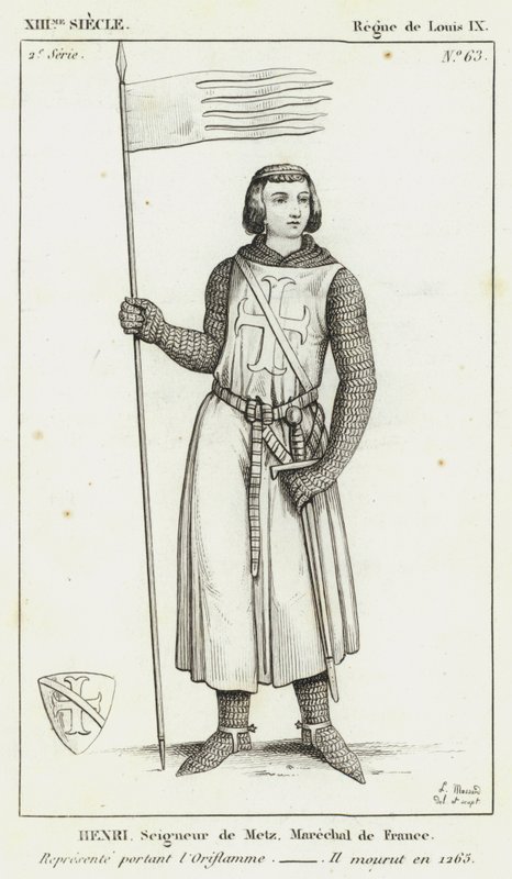 XIII w., panowanie Ludwika IX, Henryka, pana Metz, marszałka Francji, reprezentowanego noszącego Oriflamme, zmarłego w 1265 r. (rycina) autorstwa French School