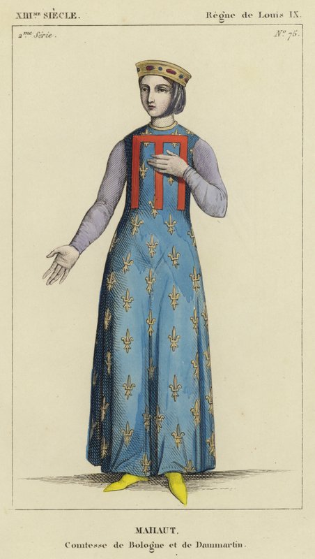 XIII w., panowanie Ludwika IX, Mahauta, hrabiny Bolonii i Dammartina (kolorowa rycina) autorstwa French School
