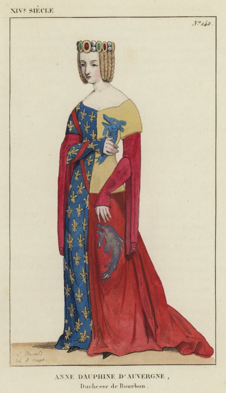 XIV wiek, Anna Dauphine z Owernii, księżna Burbon (kolorowa grawerunek) autorstwa French School