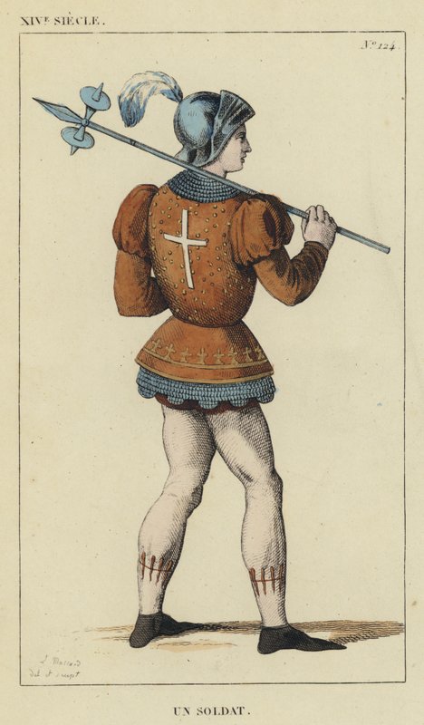 XIV wiek, Żołnierz (kolorowa rycina) autorstwa French School
