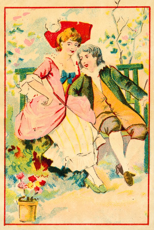 Młoda para na ławce w ogrodzie (chromolitho) autorstwa French School
