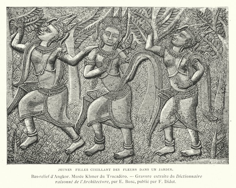 Młode dziewczyny zrywające kwiaty w ogrodzie, płaskorzeźba z Angkor, Kambodża (rycina) autorstwa French School