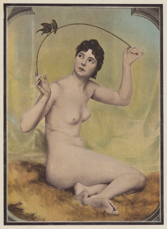 Młoda naga kobieta z ptakami (kolor litho) autorstwa French School
