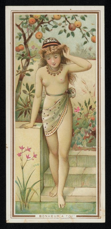 Młoda kobieta w ogrodzie, karta z pozdrowieniami. (chromolit) autorstwa French School