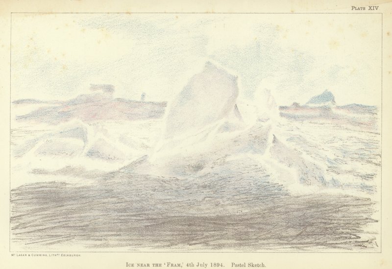 Lód w pobliżu „Fram”, 4 lipca 1894, szkic pastelowy (kolor lito) autorstwa Fridtjof Nansen