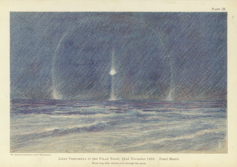 Zjawiska świetlne w nocy polarnej, 22 listopada 1893, szkic pastelowy (kolor lito) autorstwa Fridtjof Nansen