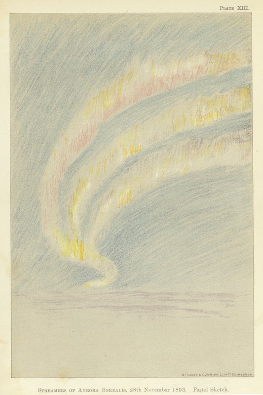 Wstęgi zorzy polarnej, 28 listopada 1893, szkic pastelowy (kolor lito) autorstwa Fridtjof Nansen