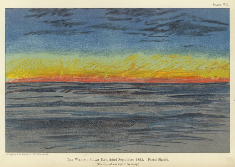 Upływający dzień polarny, 22 września 1893, szkic pastelowy (kolor lito) autorstwa Fridtjof Nansen