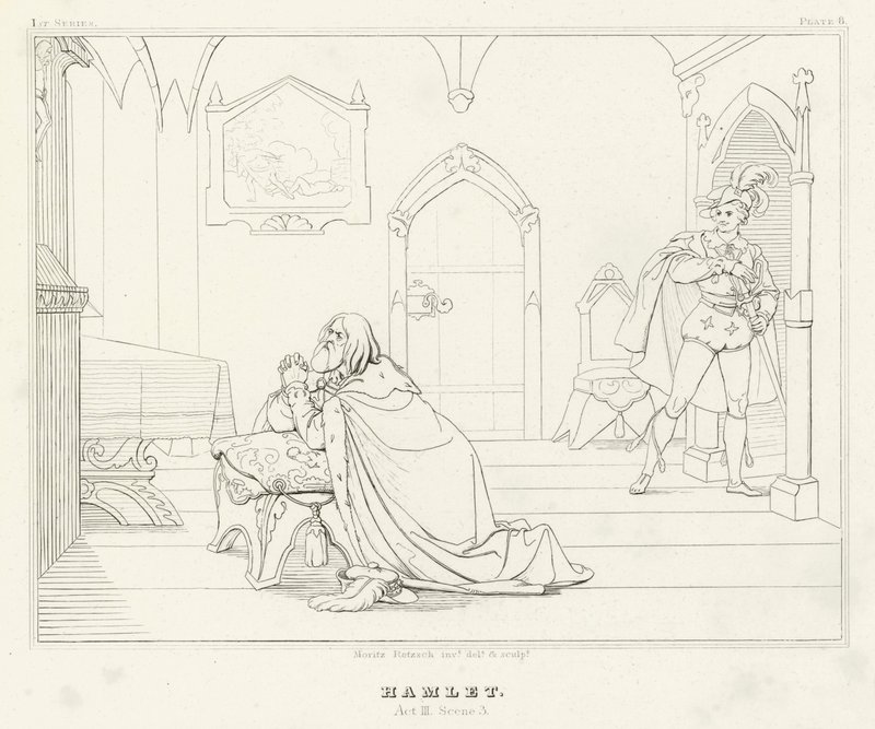 Hamlet, akt III, scena 3 (rycina) autorstwa Friedrich August Moritz Retzsch
