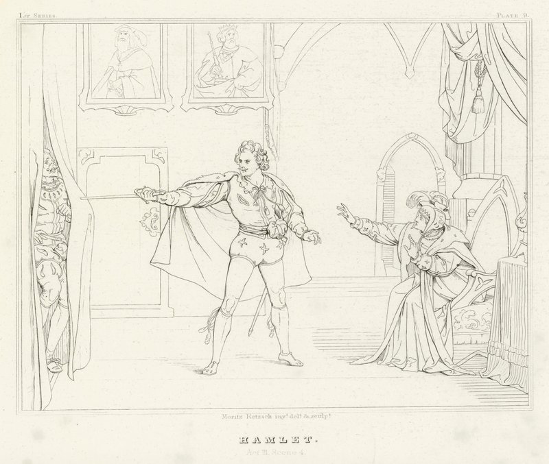 Hamlet, akt III, scena 4 (rycina) autorstwa Friedrich August Moritz Retzsch