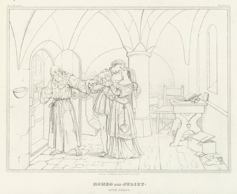 Romeo i Julia, akt II, scena 6 (rycina) autorstwa Friedrich August Moritz Retzsch