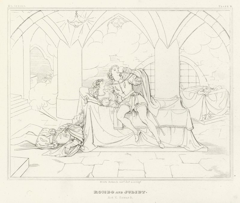 Romeo i Julia, akt V, scena 3 (rycina) autorstwa Friedrich August Moritz Retzsch